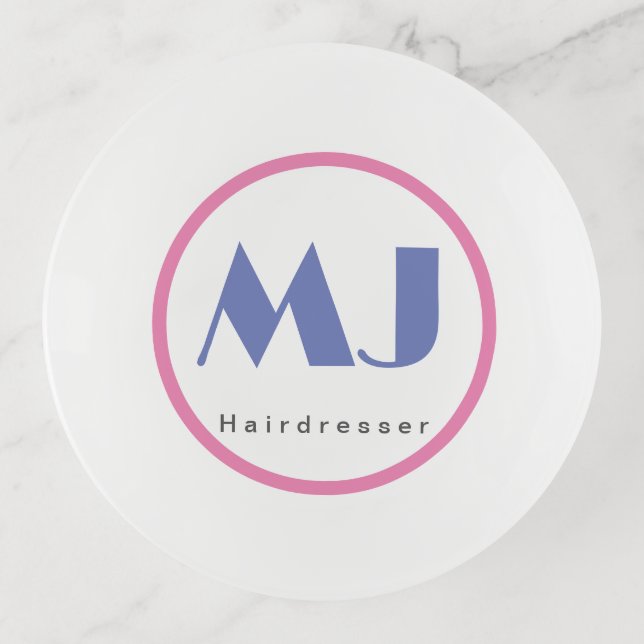 Modern Stylish Monogram Blue White Hairdresser Trinket Tray (Front)