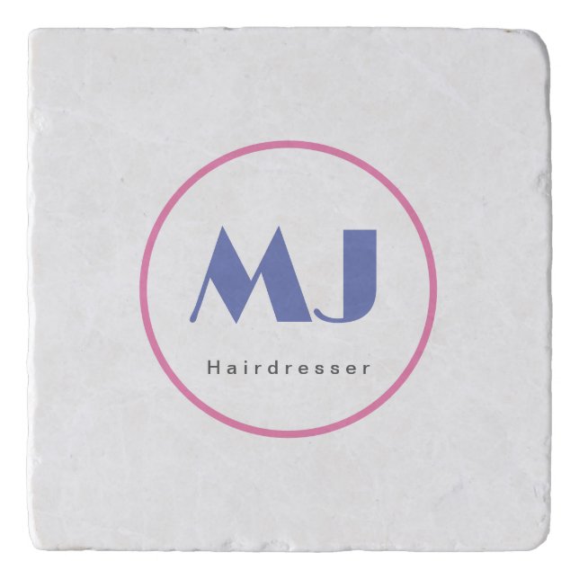 Modern Stylish Monogram Blue White Hairdresser Trivet (Front)