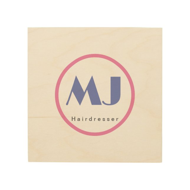 Modern Stylish Monogram Blue White Hairdresser Wood Wall Art (Front)