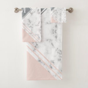 Modern stylish monogram blush pink gray marble bath towel set