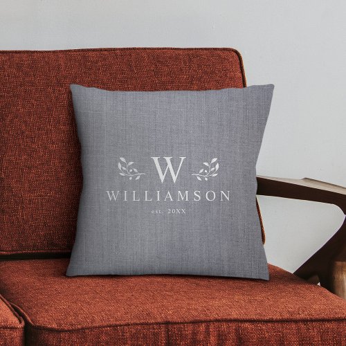 Modern Stylish Monogram Custom Family Grey Linen Throw Pillow