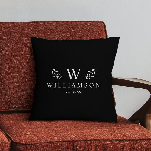 Modern Stylish Monogram Custom Family Name Black  Throw Pillow