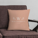 Modern Stylish Monogram Custom Family Name Peach Throw Pillow<br><div class="desc">Cuddle up in style! Our modern elegant monogram pillow, custom family charm on stylish peach. Cozy comfort, personalized for your nest. 🏡💙 #HomeDecor #MonogramMagic Modern monogram custom name newlywed throw pillow with your family name and initial as well we year established surrounded by whimsical branch illustrations. Minimalist, simple, and stylish,...</div>