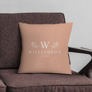 Modern Stylish Monogram Custom Family Name Peach Throw Pillow
