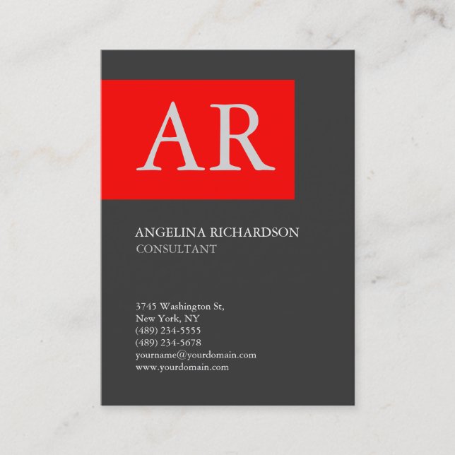 Modern Stylish Monogram Elegant Plain Gray Red Business Card (Front)