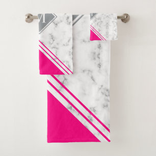 Modern stylish monogram fuchsia pink gray marble bath towel set