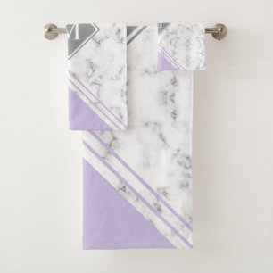 Modern stylish monogram lavender gray marble bath towel set