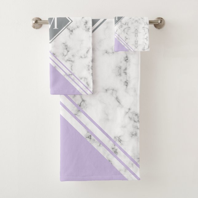 Modern stylish monogram lavender gray marble bath towel set (Insitu)