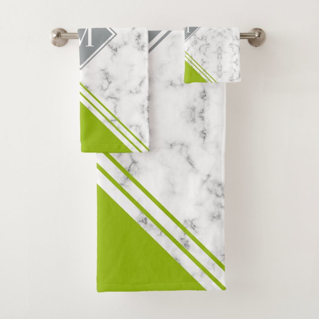 Modern stylish monogram lime green gray marble bath towel set (Insitu)