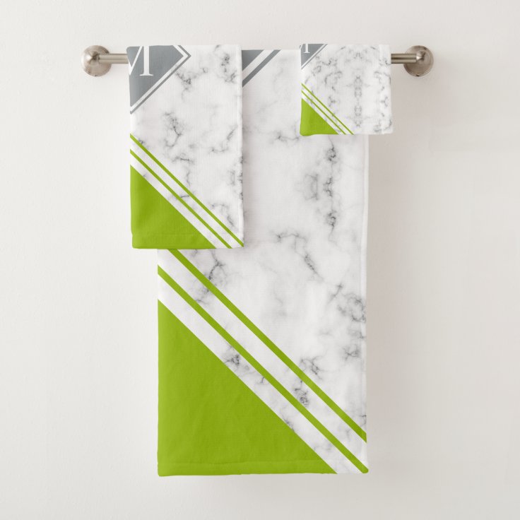 Modern stylish monogram lime green gray marble bath towel set | Zazzle