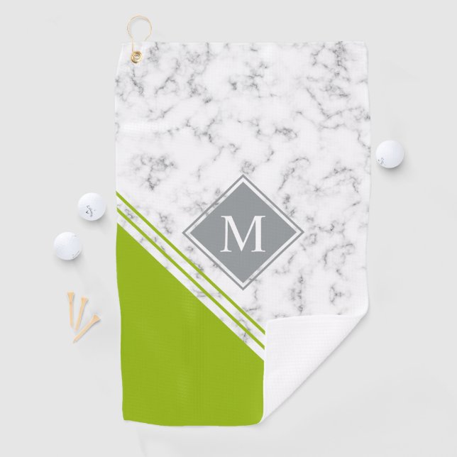 Modern stylish monogram lime green gray marble  golf towel (InSitu)