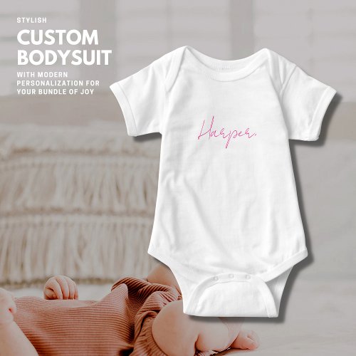 Modern Stylish Monogram Pink Handwritten Script Baby Bodysuit