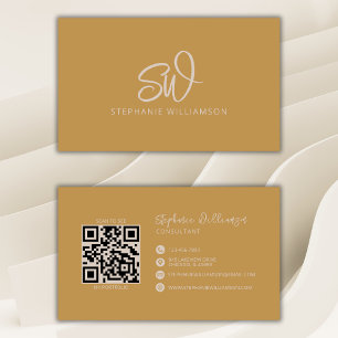 Modern Stylish Monogram QR Code Minimal Gold Business Card