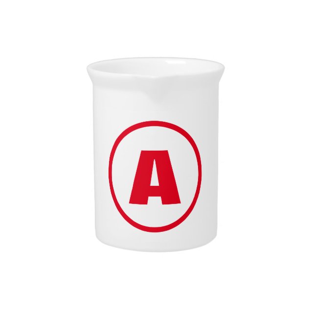 Modern Stylish Monogram Red Initial Letter White Beverage Pitcher (Front)