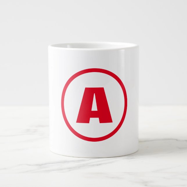 Modern Stylish Monogram Red Initial Letter White Giant Coffee Mug (Front)