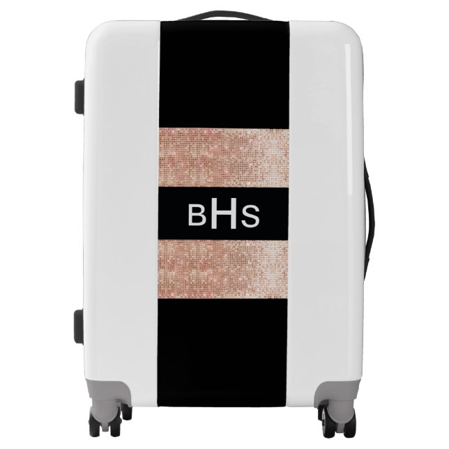 Modern Stylish Monogram Rose Gold Sequins Stripes Luggage (Front)