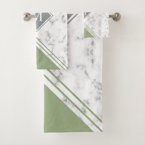 Modern stylish monogram sage green gray marble bath towel set