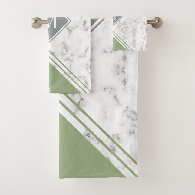Modern stylish monogram sage green gray marble bath towel set (Insitu)