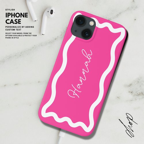 Modern Stylish Monogram Script Hot Pink Wavy Line iPhone 13 Case