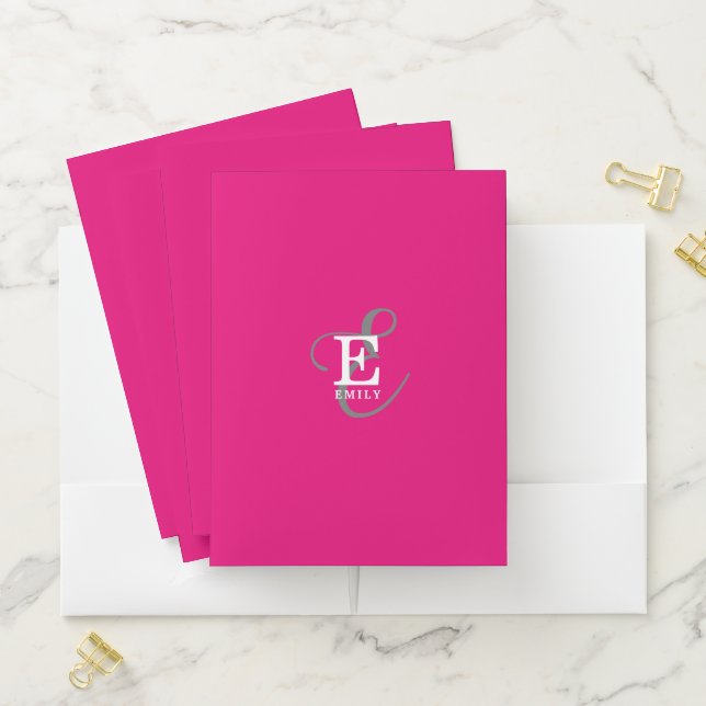 Modern Stylish Monogram Typography Hot Pink Pocket Folder (In Situ)