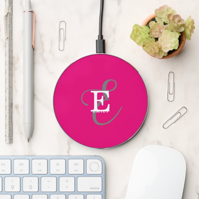 Modern Stylish Monogram Typography Hot Pink Wireless Charger (Desk)