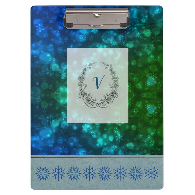 Modern Stylish Monogram Winter Snowflakes Clipboard (Front)