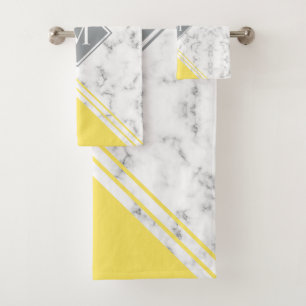 Modern stylish monogram yellow gray marble bath towel set
