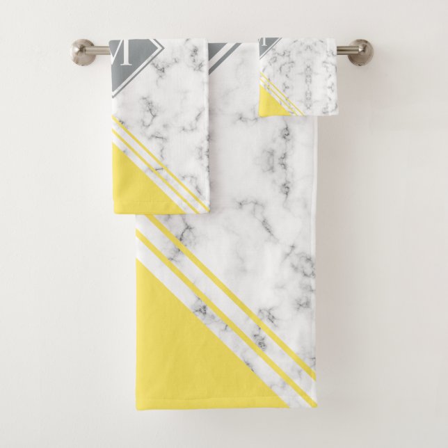 Modern stylish monogram yellow gray marble bath towel set (Insitu)