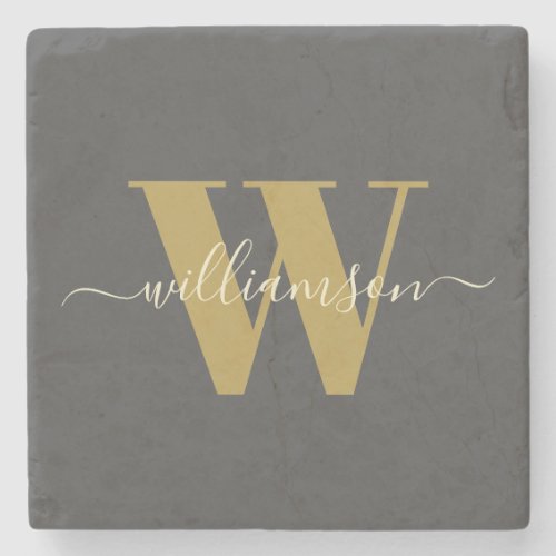 Modern Stylish Monogrammed Name Black Gold  Stone Coaster