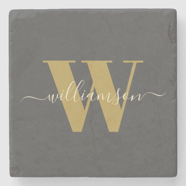 Modern Stylish Monogrammed Name Black Gold  Stone Coaster (Front)
