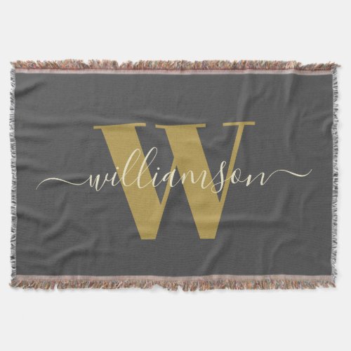 Modern Stylish Monogrammed Name Black Gold   Throw Blanket