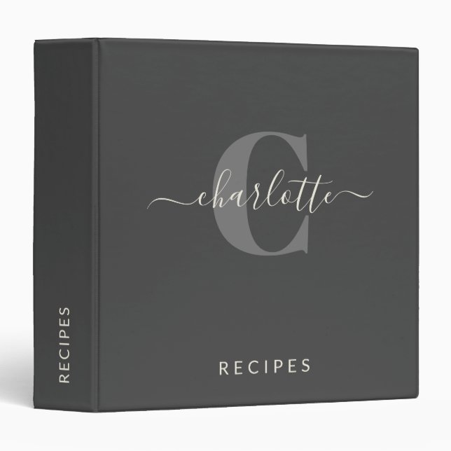 Modern Stylish Monogrammed Name Black Gray 3 Ring Binder (Front/Spine)
