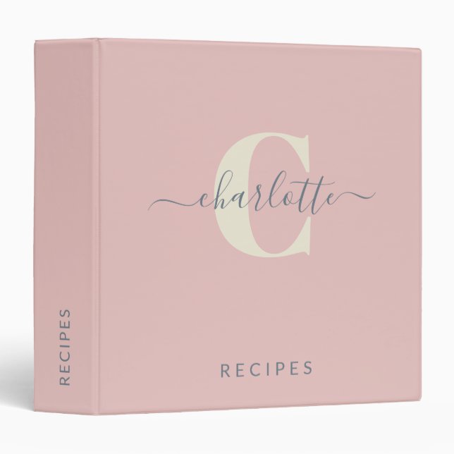 Modern Stylish Monogrammed Name Blush Pink Recipe 3 Ring Binder (Front/Spine)