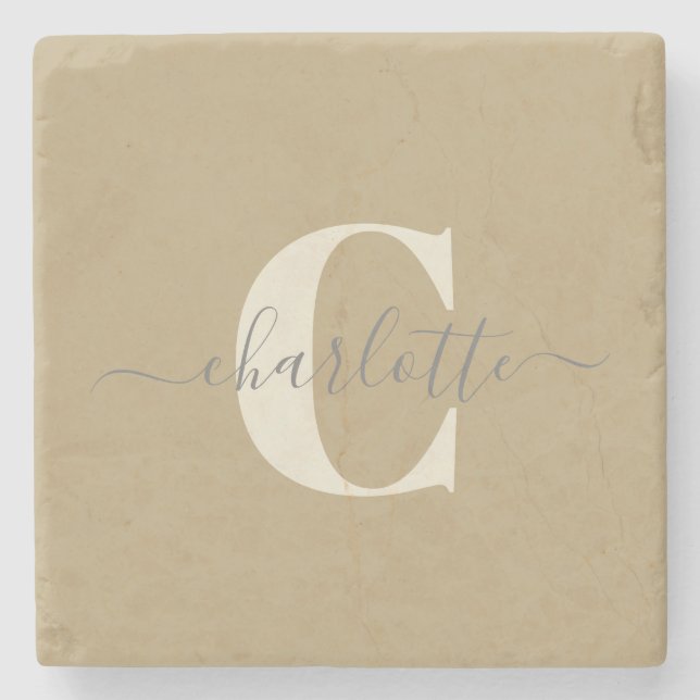 Modern Stylish Monogrammed Name Gold Tan Stone Coaster (Front)