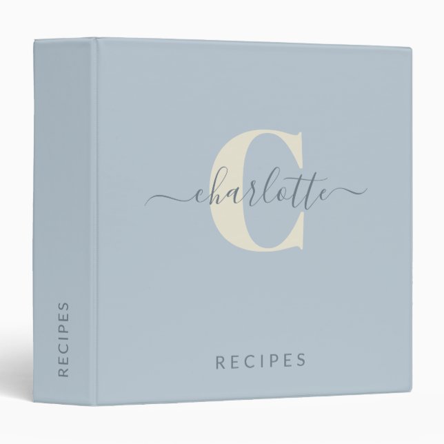 Modern Stylish Monogrammed Name Light Blue 3 Ring Binder (Front/Spine)