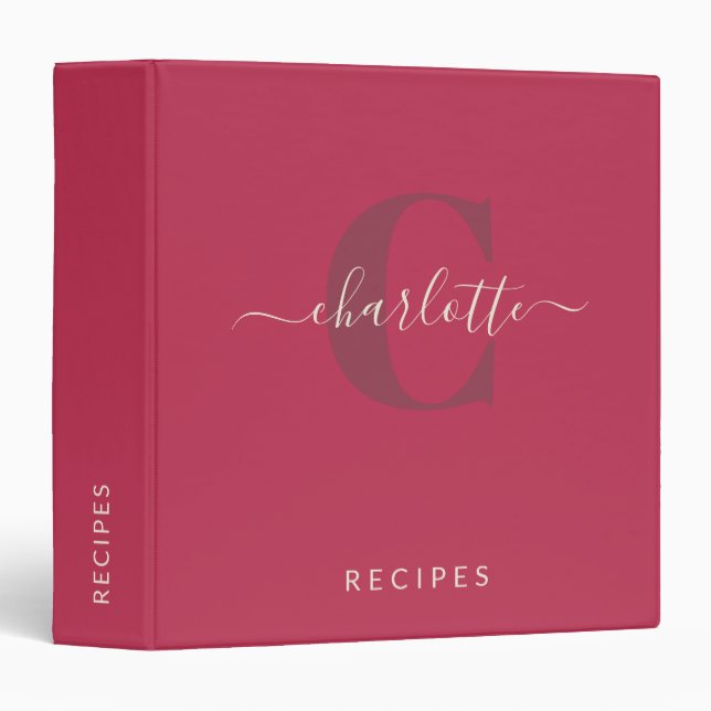 Modern Stylish Monogrammed Name Magenta Red 3 Ring Binder (Front/Spine)