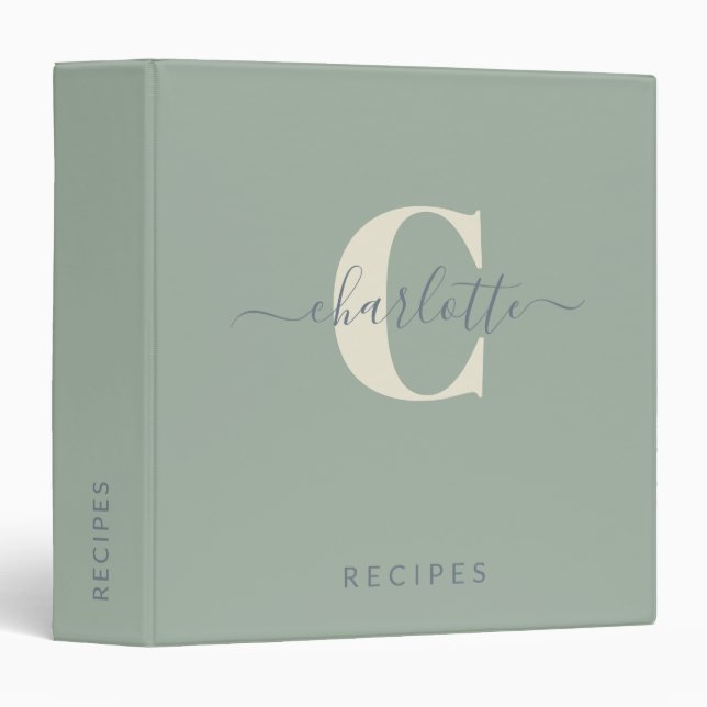 Modern Stylish Monogrammed Name Sage Green 3 Ring Binder (Front/Spine)