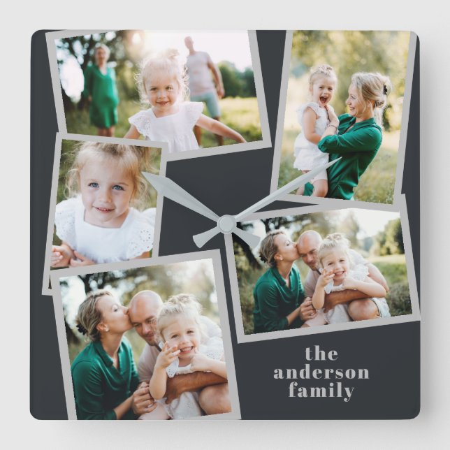 Modern stylish multi photo family home decor square wall clock (Front)