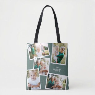Modern stylish multi photo family sage green tote bag