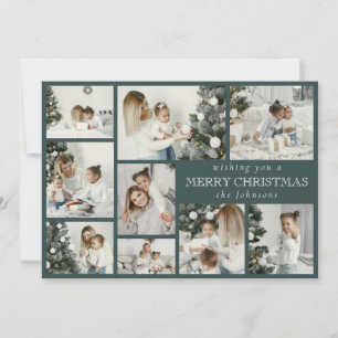 Modern Stylish Multi Photo Grid Dark Forest Green Holiday Card