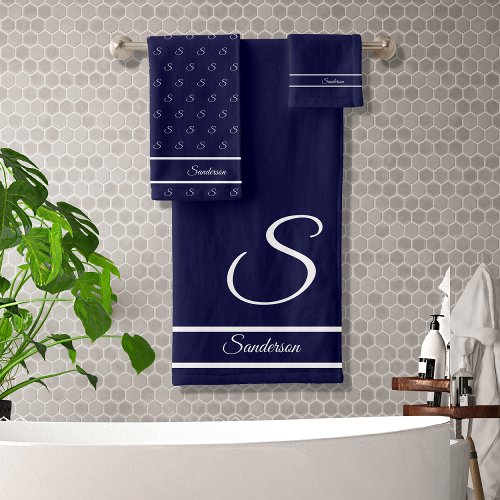  Modern Stylish Navy Blue and White Monogram Bath  Bath Towel Set
