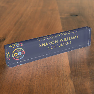 Modern Stylish Navy Blue Gold Business Logo Office Desk Name Plate