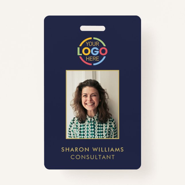 Modern Stylish Navy Blue Simple Employee Photo ID Badge (Front)