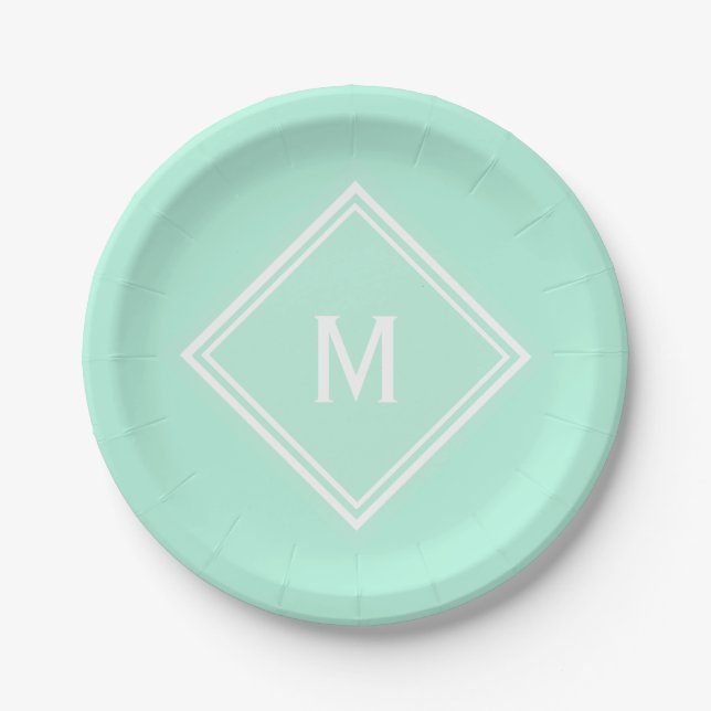 Modern Stylish Pale Mint Green Custom Monogram Paper Plates (Front)