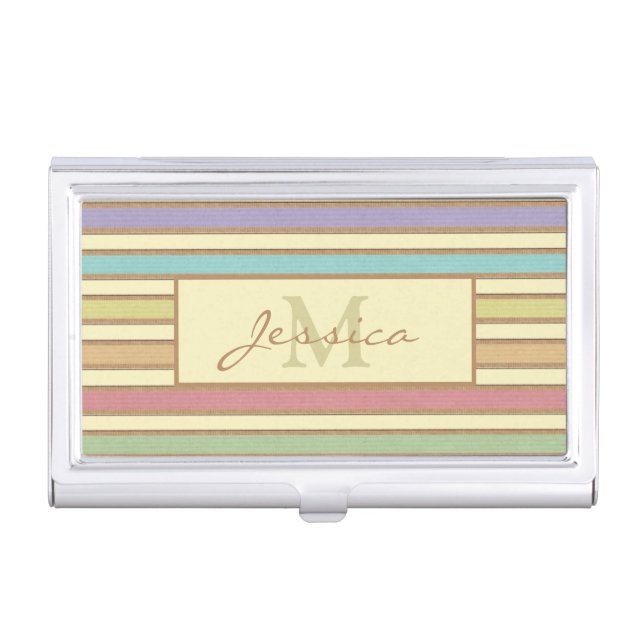 Modern Stylish Pastel Ribbon Striped Monogram Business Card Case (Front)