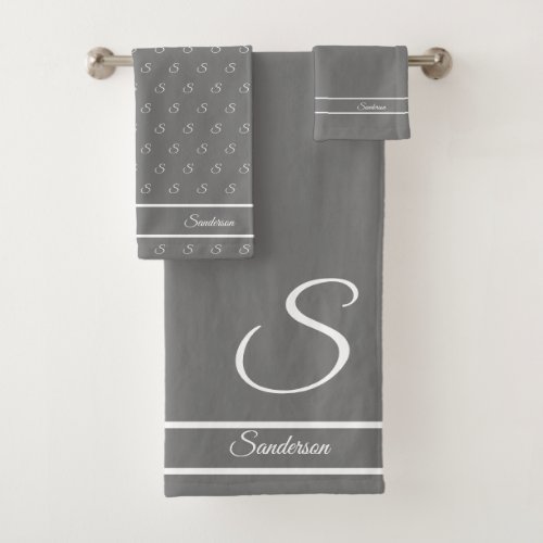  Modern Stylish Pewter Gray White Monogram Name Bath Towel Set