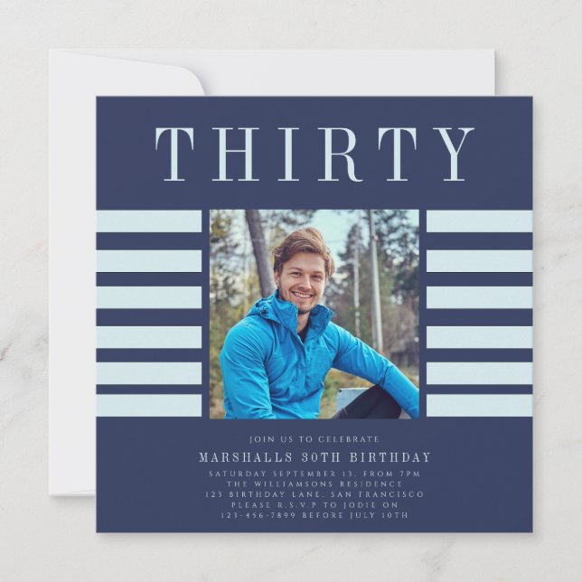 Modern stylish photo mens  blue 30th birthday  invitation (Front)