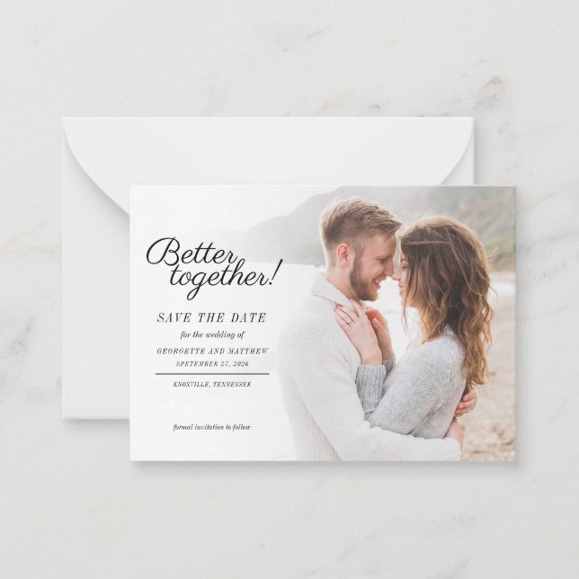 Modern Stylish Photo Script Wedding Save The Date Note Card (Front)