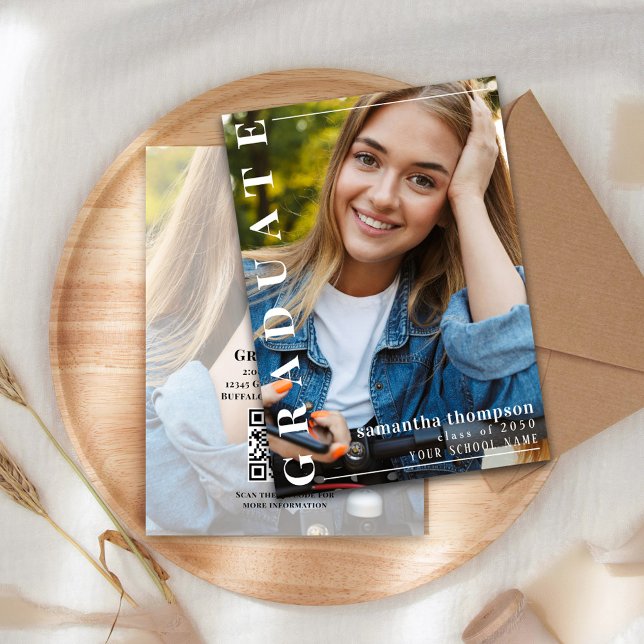 Modern Stylish Photo Typography Graduation Invitation (Modern stylish typography graduation card with senior photo focus.)