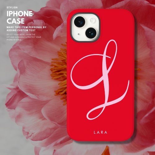 Modern Stylish Pink and Red Script Name Monogram Case_Mate iPhone 14 Case